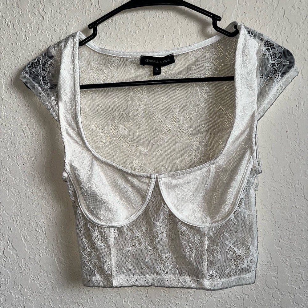 Kendall & Kylie Sheer White Lace Blouse